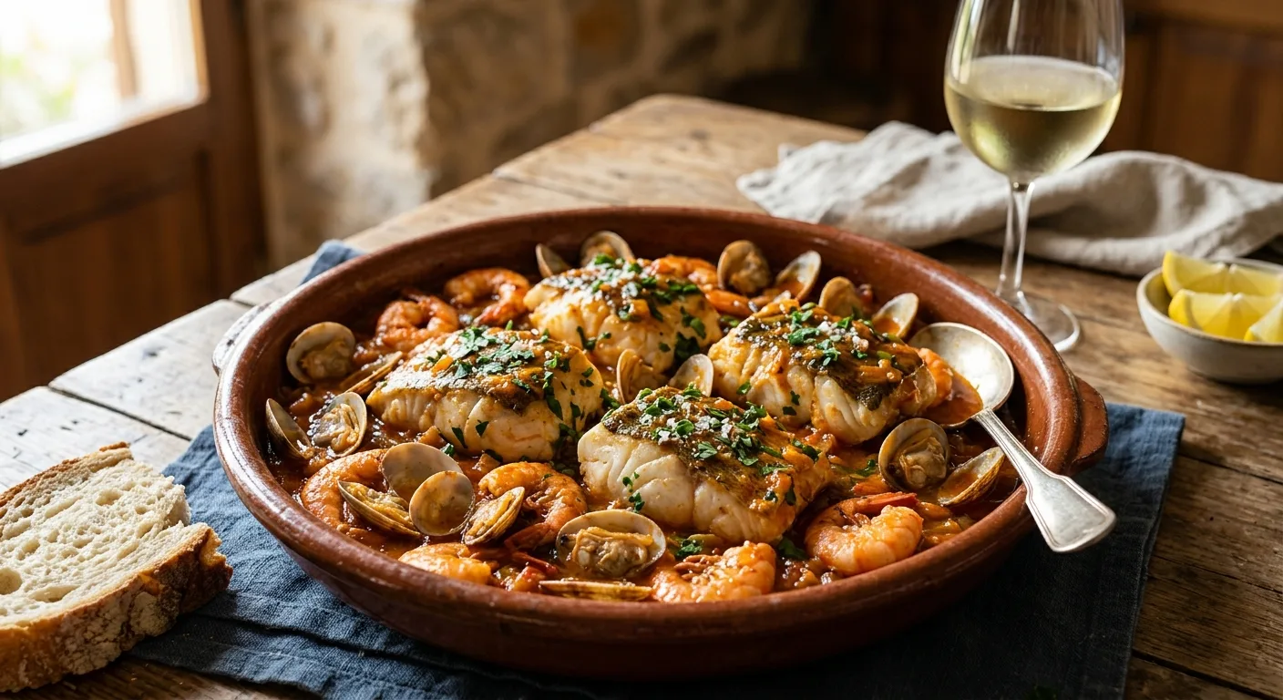 Lomos de bacalao con almejas y gambas a la marinera — plato de nuestra carta de catering