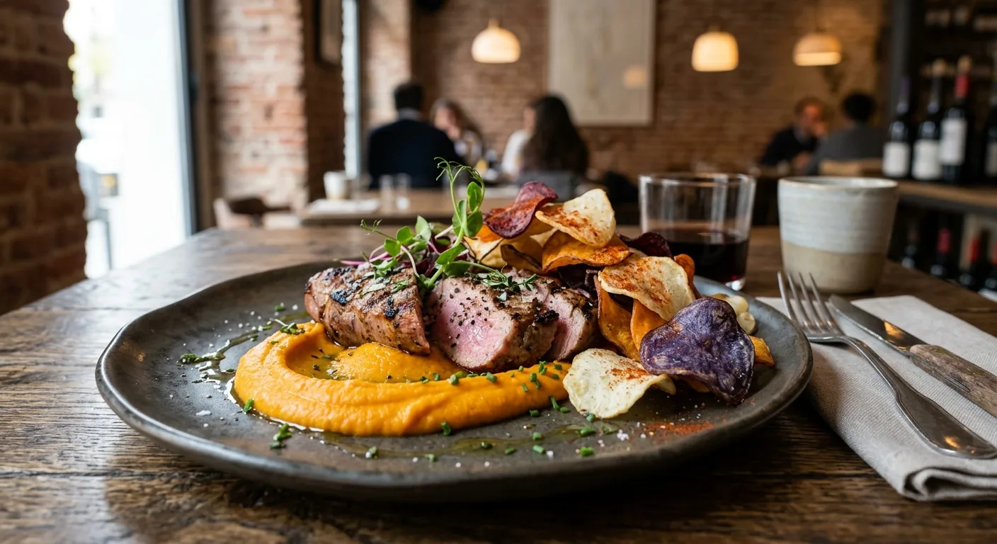 Presa ibérica con puré de boniato y chips vegetales — plato de nuestra carta de catering
