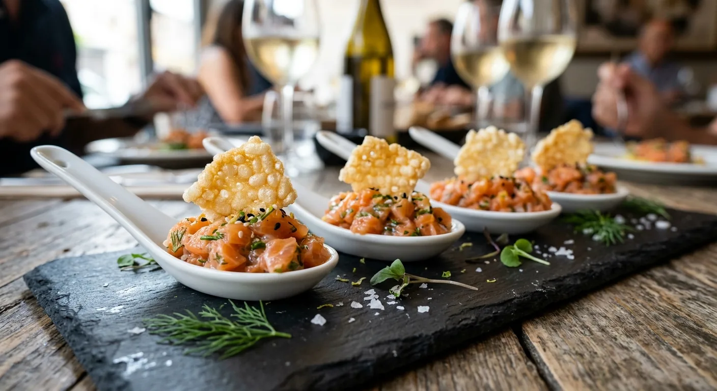 Cucharitas de tartar de salmón con crujiente de arroz — plato de nuestra carta de catering