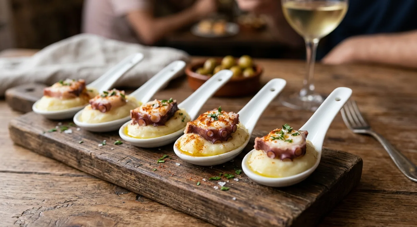 Cucharitas de parmentier y pulpo a la gallega — plato de nuestra carta de catering