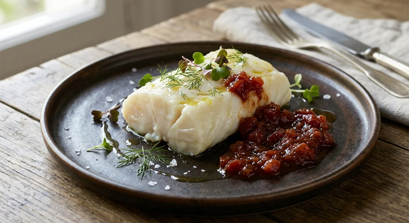 Bacalao confitado con mermelada de tomate — plato de nuestra carta de catering