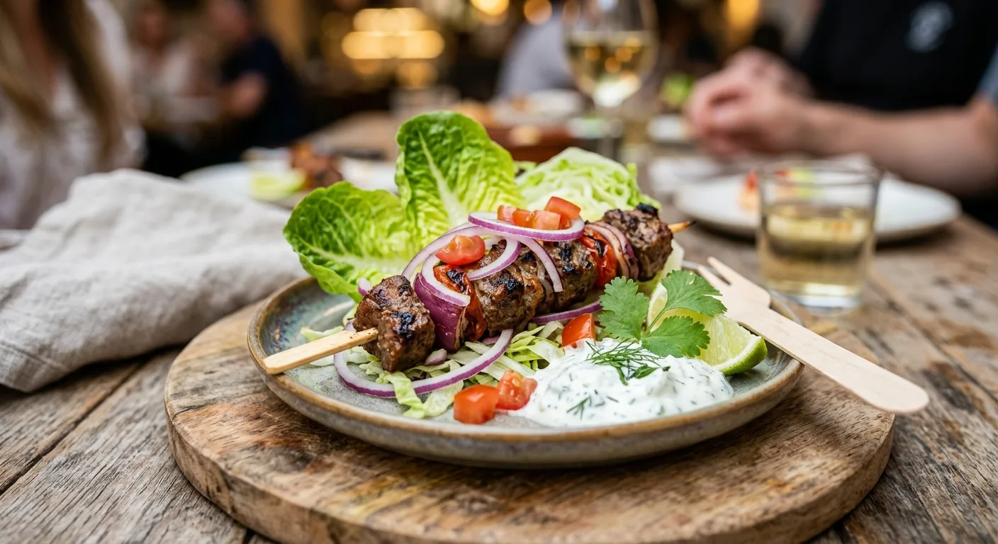 Mini kebab con cebolla morada, tomate y lechuga — plato de nuestra carta de catering