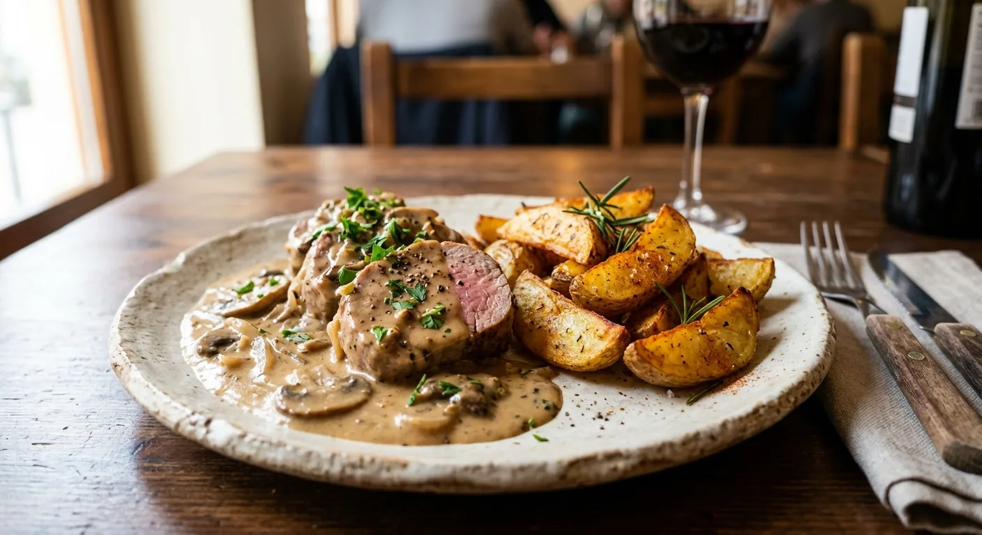 Solomillo a la crema con patatas gajo — plato de nuestra carta de catering