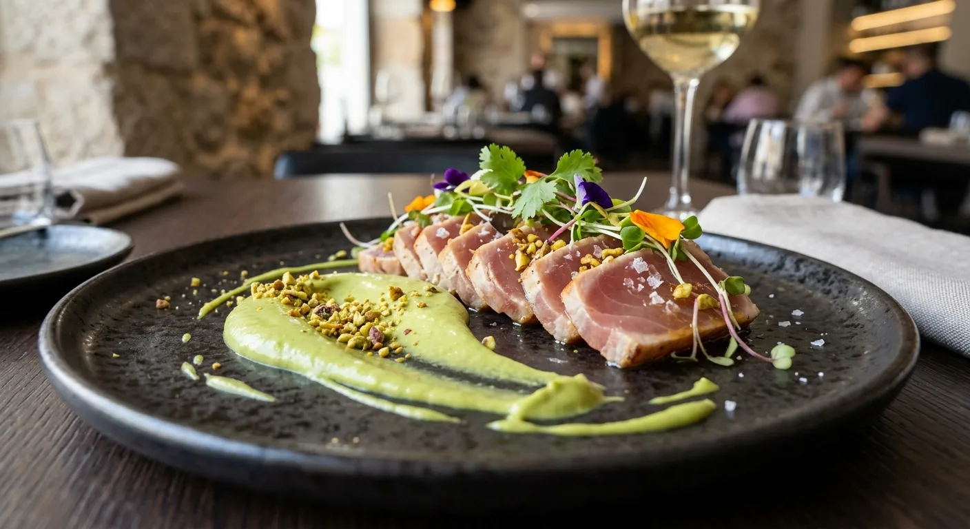 Atún marinado con emulsión de pistacho — plato de nuestra carta de catering