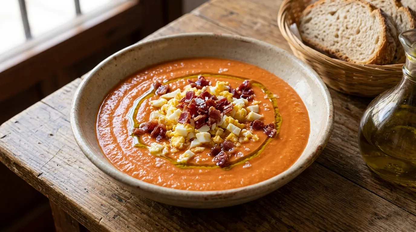 Salmorejo andaluz con crujiente de jamón y huevo cocido — plato de nuestra carta de catering