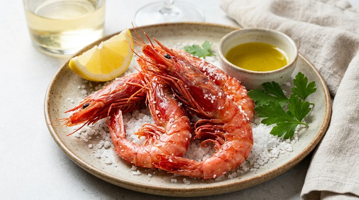Gamba roja a la sal — plato de nuestra carta de catering