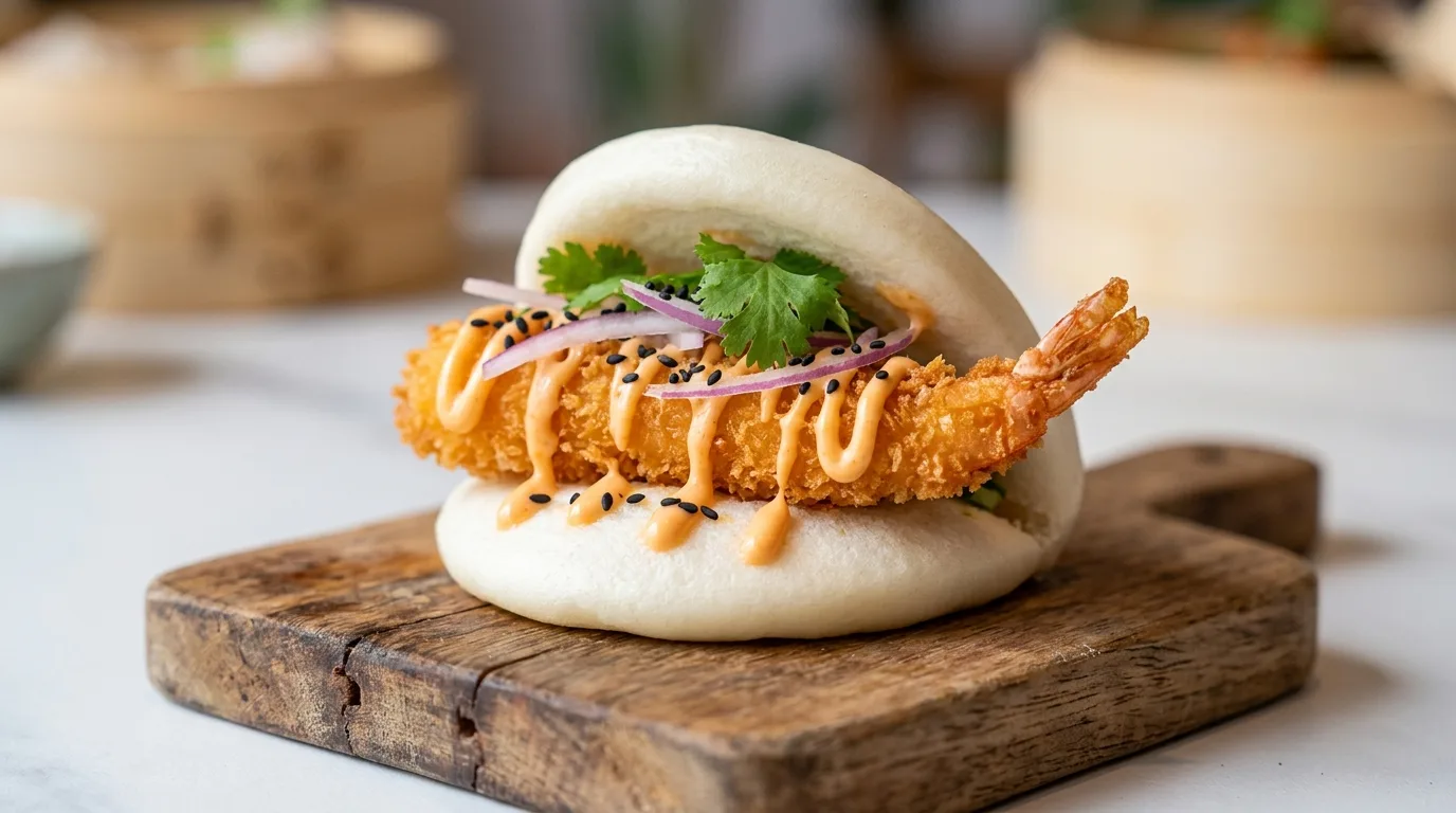 Mini pan bao con langostino rebozado — plato de nuestra carta de catering