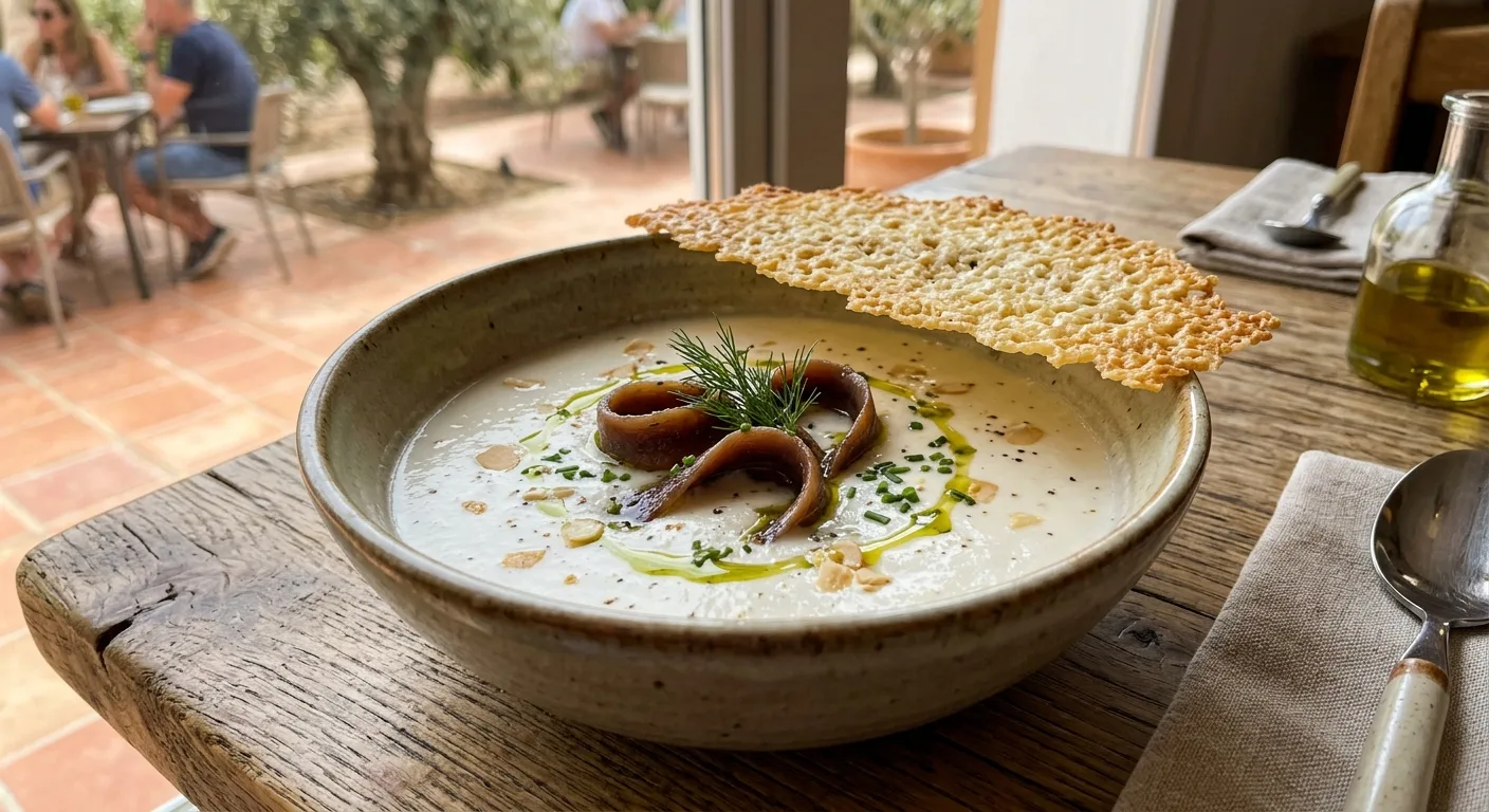 Ajoblanco de coco con anchoas y teja de parmesano — plato de nuestra carta de catering