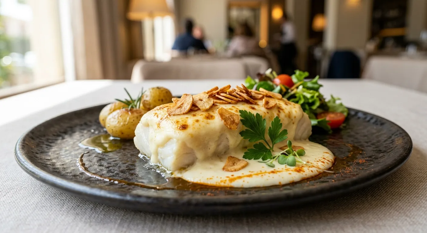 Lingote de bacalao a la muselina con ajo tostado — plato de nuestra carta de catering