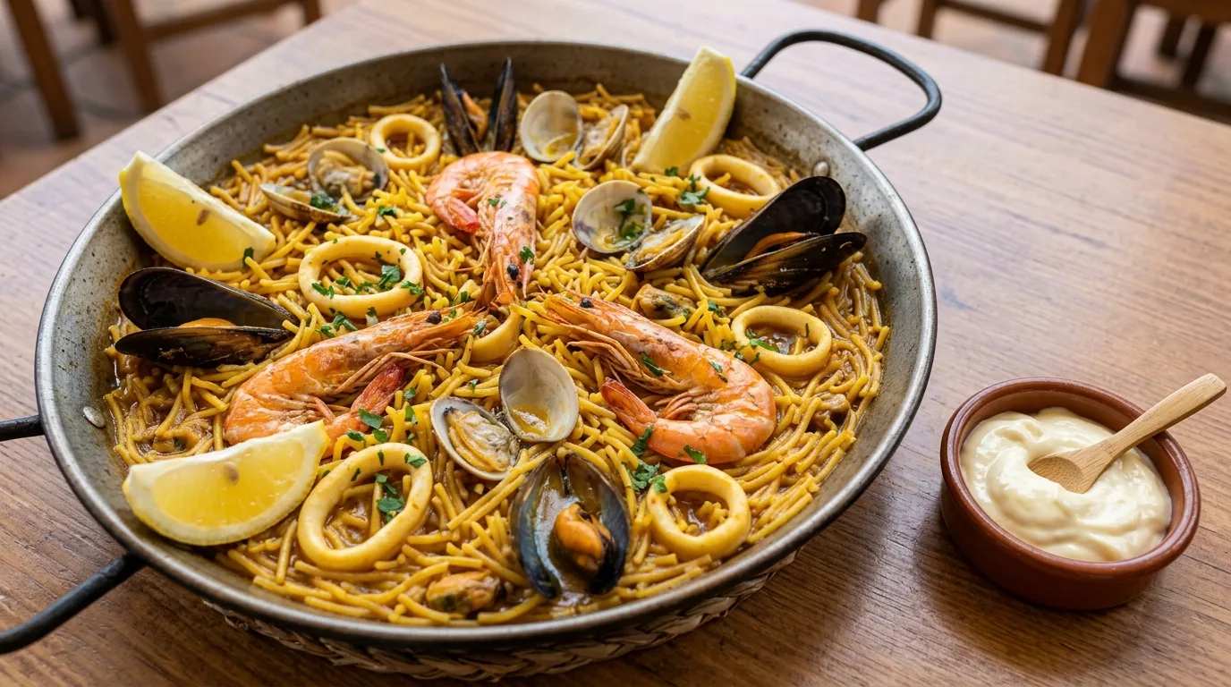 Fideuá de marisco con alioli — plato de nuestra carta de catering