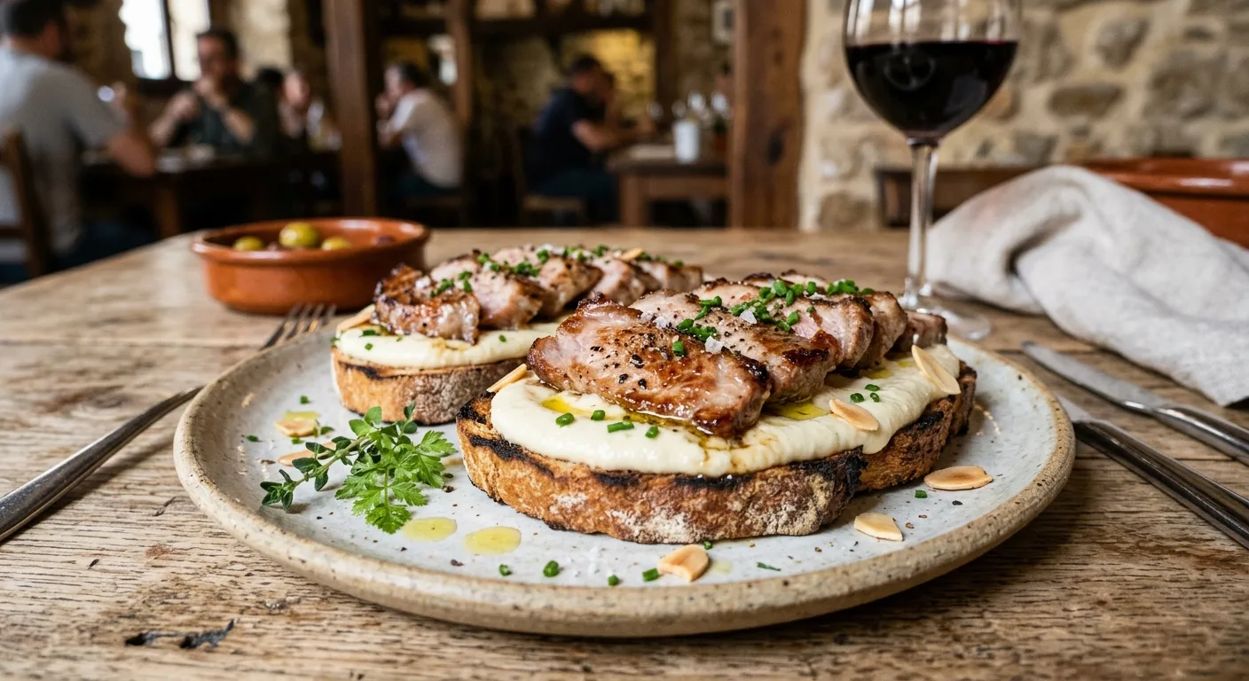 Tostas de ajoblanco con secreto ibérico — plato de nuestra carta de catering