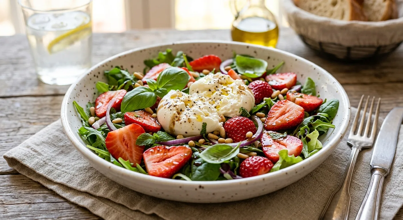 Ensalada de fresas con burrata — plato de nuestra carta de catering
