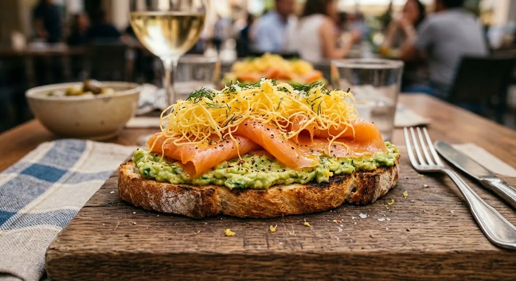 Tosta de cremoso de aguacate con salmón ahumado y huevo hilado — plato de nuestra carta de catering