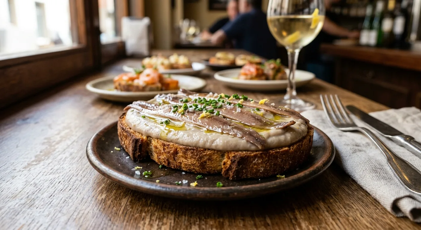 Tosta de cremoso de berenjena con anchoas del Cantábrico — plato de nuestra carta de catering